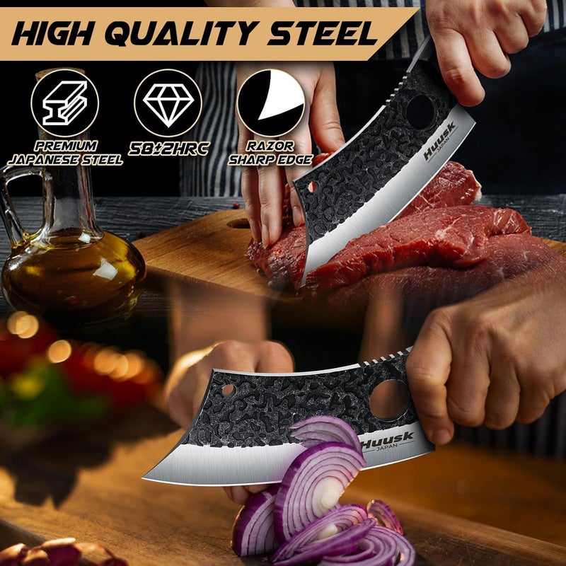 Huusk Knives Japan, Hand Forged Meat Cleaver Knife with Sheath, High Carbon Steel Kitchen Knife for Meat and Vegetables, Full Tang Butcher Knife for Camping, BBQ, Christmas Gift for Men and Women - Image 2