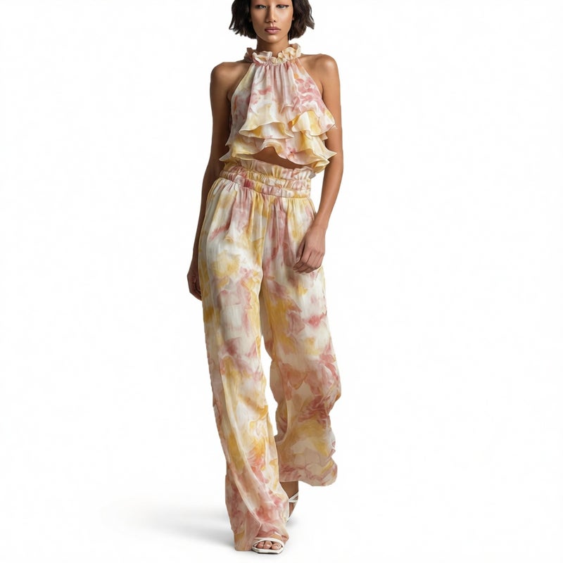Halter Neck Print Top and Pants Set, Summer Elegant Two-Piece Outfit - Image 4
