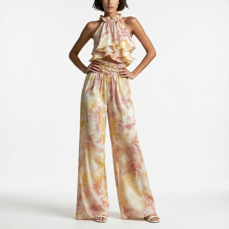 Halter Neck Print Top and Pants Set, Summer Elegant Two-Piece Outfit - Image 2
