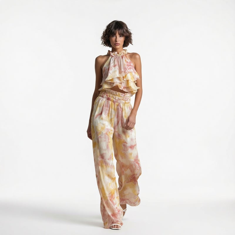 Halter Neck Print Top and Pants Set, Summer Elegant Two-Piece Outfit - Image 3
