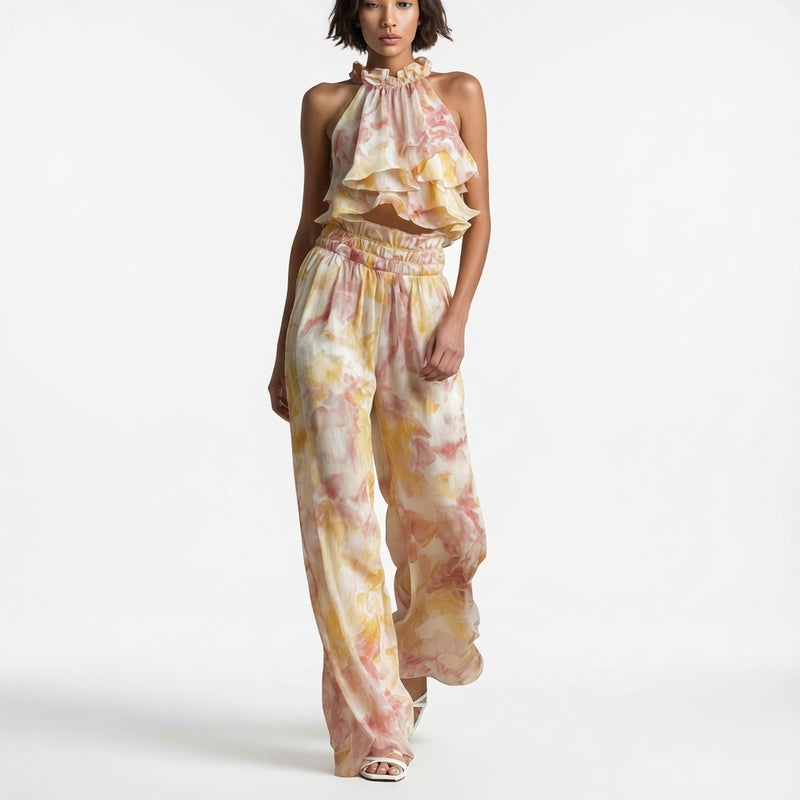 Halter Neck Print Top and Pants Set, Summer Elegant Two-Piece Outfit - Image 1