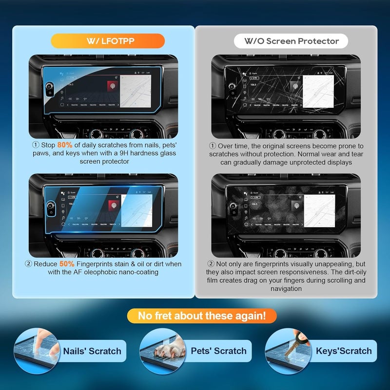 LFOTPP For 2025 2026 GMC Sierra Screen Protector-(3PCS)2022-2026 Sierra 1500u0026 2024-2026 Sierra 2500HD 3500HD (AT4/AT4X/Denali/Denali Ultimate) (Buttons on the Screen) Navi+Dash Touchscreen 【HD Glass】 - Image 4