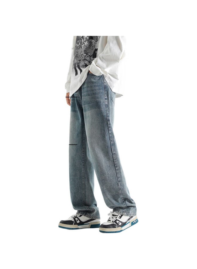 Pull Back Warrior Denim Jeans For Men, Autumn American-Style Straight-Leg Pants, Versatile Loose Wide-Leg Casual Trousers, Vintage Blue, 2Xl - Image 1
