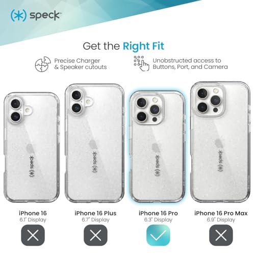 Speck Clear iPhone 16 Pro Case - Slim Phone Case - GemShell - Clear/Platinum Glitter - Image 3
