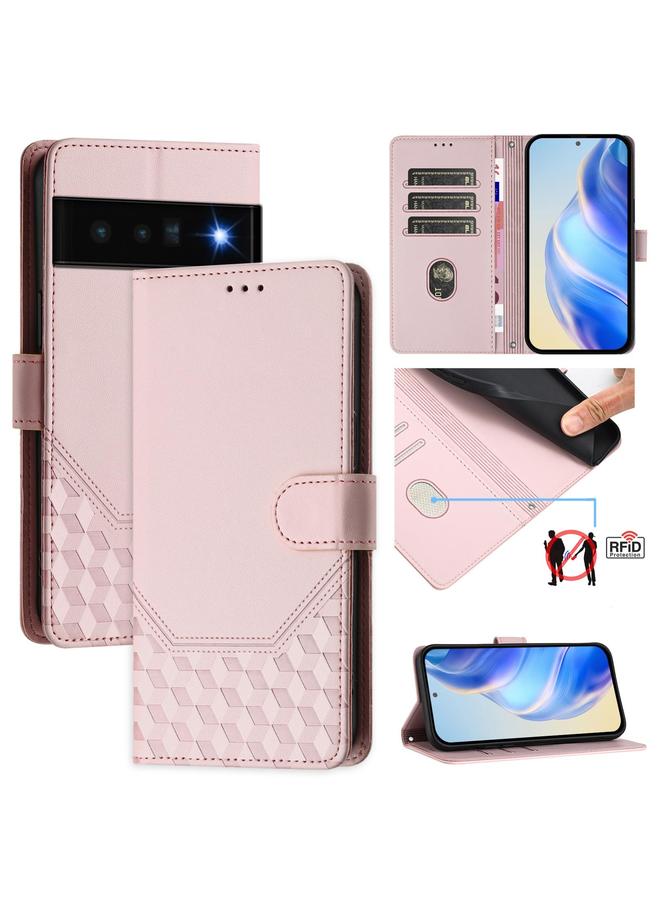 زبون جراب هاتف جلدي منقوش بتقنية RFID لهاتف Google Pixel 6 Pro (وردي)