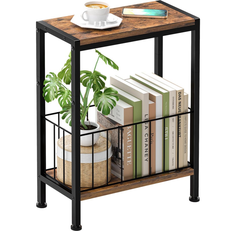 Lifenite Narrow Side Table, Skinny End Tables with Magazine Holder, Small Sofa Table for Small Spaces, Space-Saving Design, Slim Nightstand Bedside Table for Living Room, Bedroom, Office, Rustic Brown - Image 1