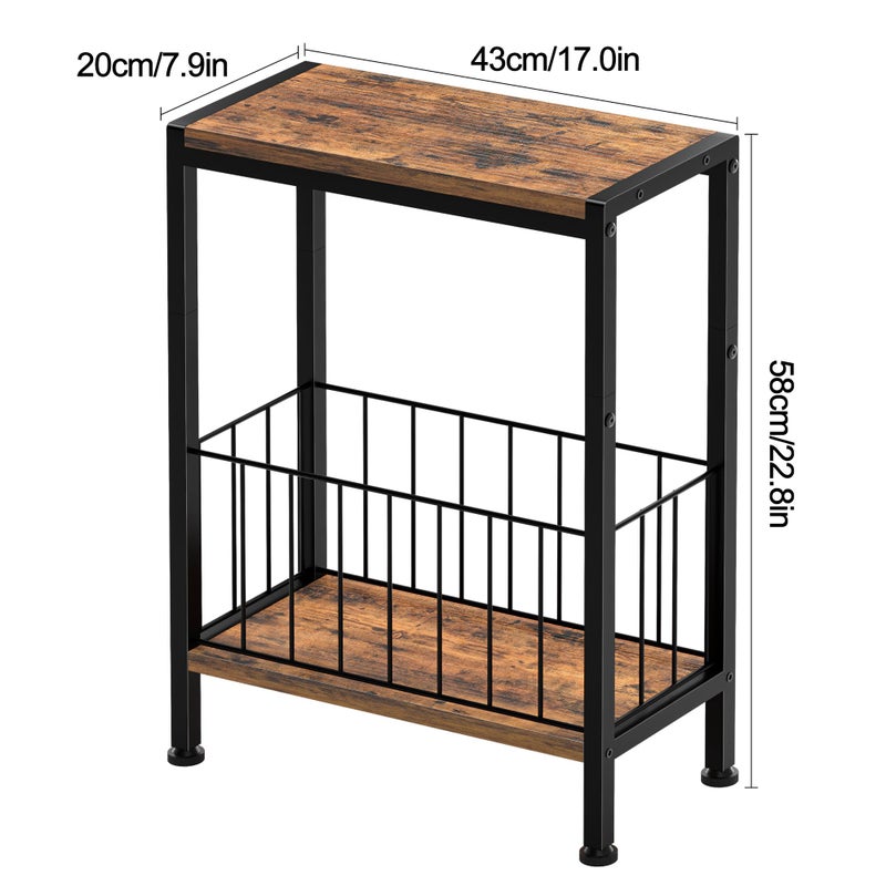 Lifenite Narrow Side Table, Skinny End Tables with Magazine Holder, Small Sofa Table for Small Spaces, Space-Saving Design, Slim Nightstand Bedside Table for Living Room, Bedroom, Office, Rustic Brown - Image 2