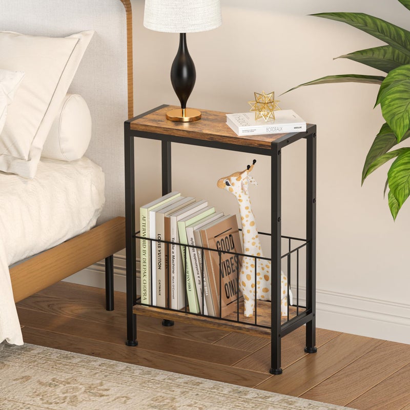 Lifenite Narrow Side Table, Skinny End Tables with Magazine Holder, Small Sofa Table for Small Spaces, Space-Saving Design, Slim Nightstand Bedside Table for Living Room, Bedroom, Office, Rustic Brown - Image 5