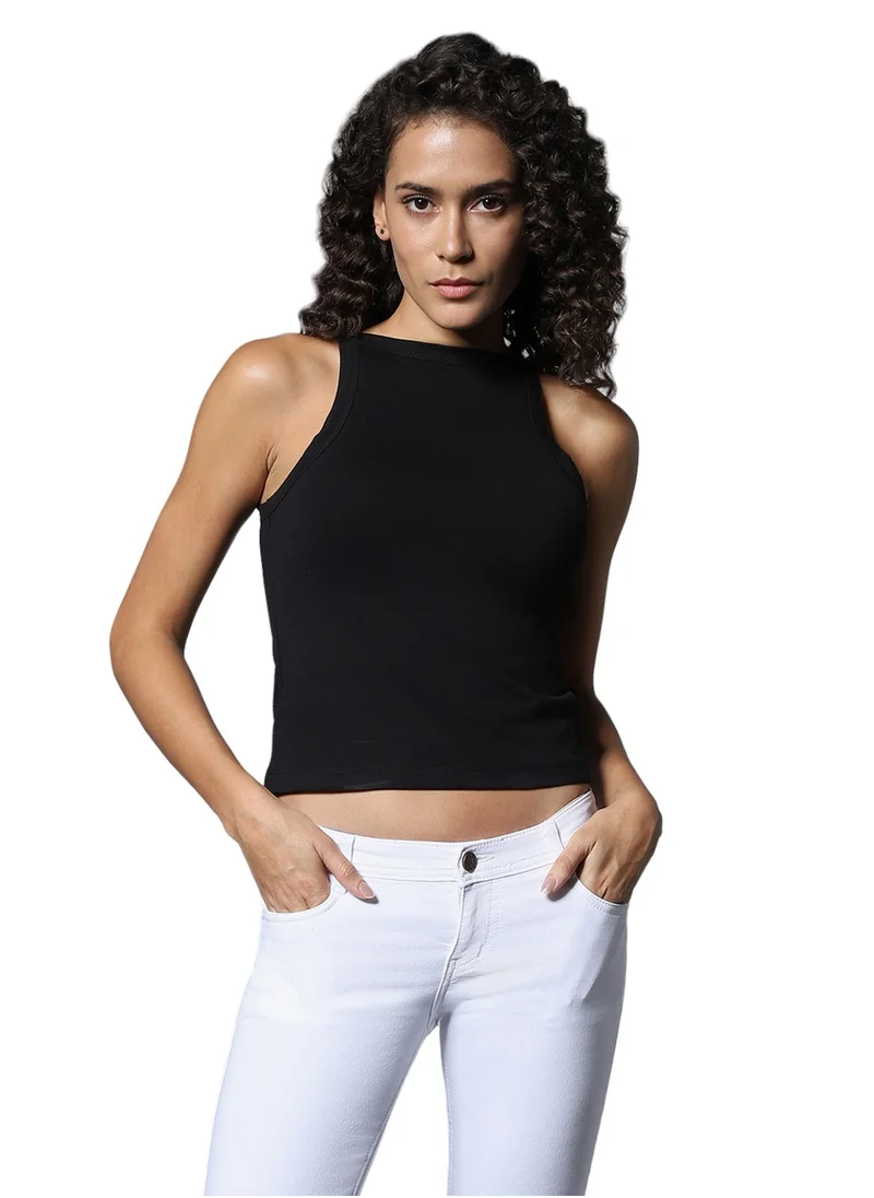 هاي ستار Black Sleeveless Crop Top for Women with Round Neck