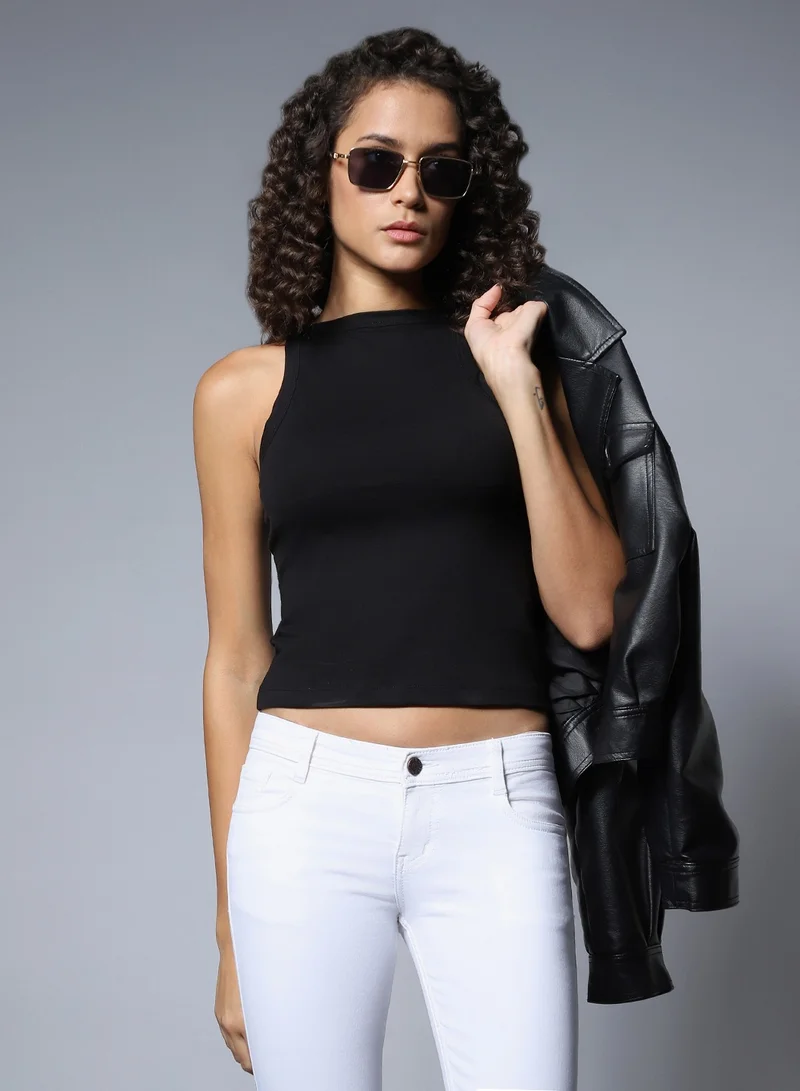 HIGH STAR Black Sleeveless Crop Top for Women with Round Neck