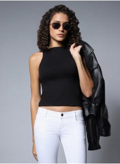 HIGH STAR Black Sleeveless Crop Top for Women with Round Neck  - Image 3