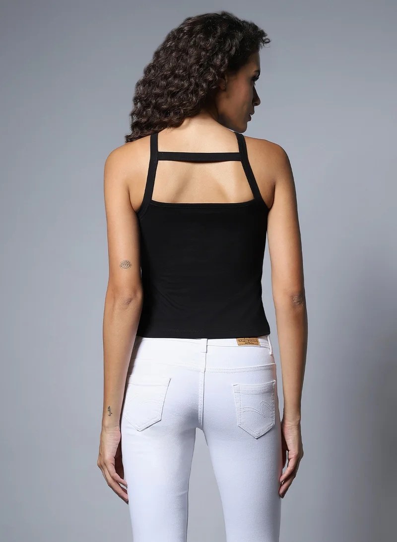 HIGH STAR Black Sleeveless Crop Top for Women with Round Neck