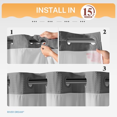 River Dream Heavyweight Grey No Hooks Required Dotted Waffle Weave Shower Curtain with Snap in Liner - 71W x 74H,Hotel Grade,Spa Like Bath Curtain,Gray - Image 2