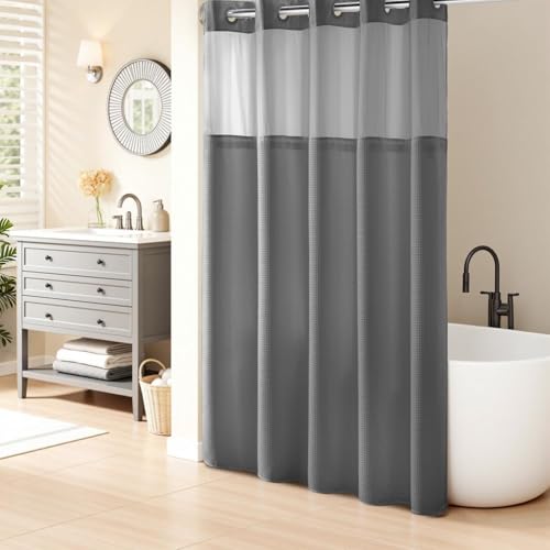 River Dream Heavyweight Grey No Hooks Required Dotted Waffle Weave Shower Curtain with Snap in Liner - 71W x 74H,Hotel Grade,Spa Like Bath Curtain,Gray - Image 1