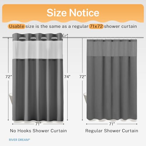 River Dream Heavyweight Grey No Hooks Required Dotted Waffle Weave Shower Curtain with Snap in Liner - 71W x 74H,Hotel Grade,Spa Like Bath Curtain,Gray - Image 5