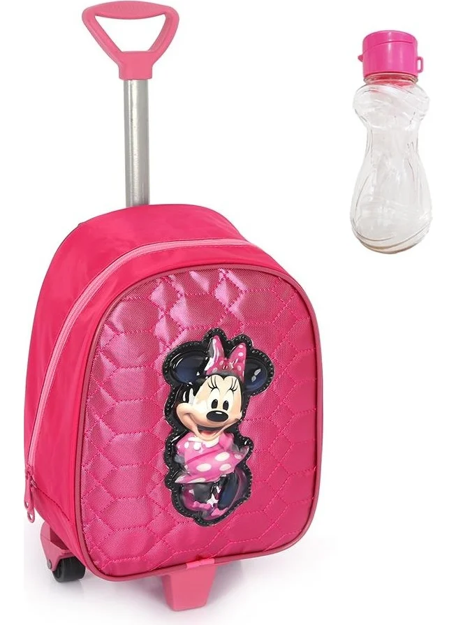 Masho Trend Pink Shiny Stitched Minnie Mouse Printed Kindergarten Bag with Squeegee + Water Bottle - Nursery Bag