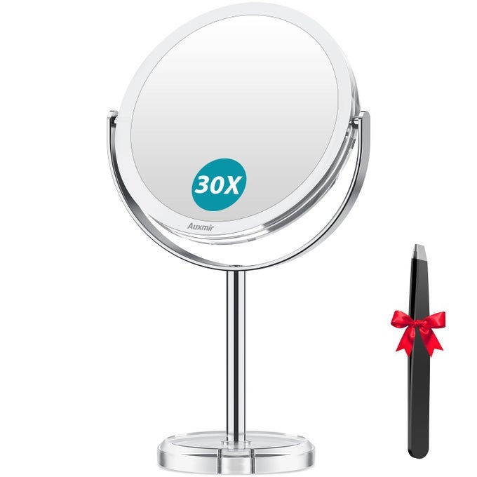 1X 30X MAGNIFYING MIRROR MAKEUP MIRROR WITH TWEEZER DOUBLE SIDED ROUND VANITY TABLETOP MIRROR 360 ROTATION PORTABLE FOR DRESSING TABLE DESK BATHROOM BEDROOM TRAVEL CLEAR