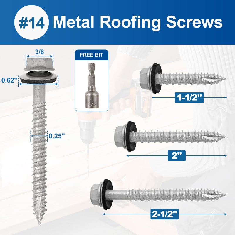 FMhotu Metal Roofing Screws #14Ã—2-1/2Inch, 320-PCS, Hex Head Rustpert Coating Sheet Metal to Wood Siding Screw with EPDM Rubber Washer, Sharp Point, Hex Socket Included - Image 4