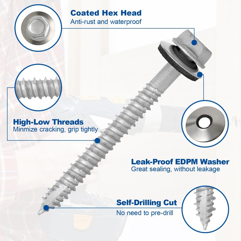 FMhotu Metal Roofing Screws #14Ã—2-1/2Inch, 320-PCS, Hex Head Rustpert Coating Sheet Metal to Wood Siding Screw with EPDM Rubber Washer, Sharp Point, Hex Socket Included - Image 2