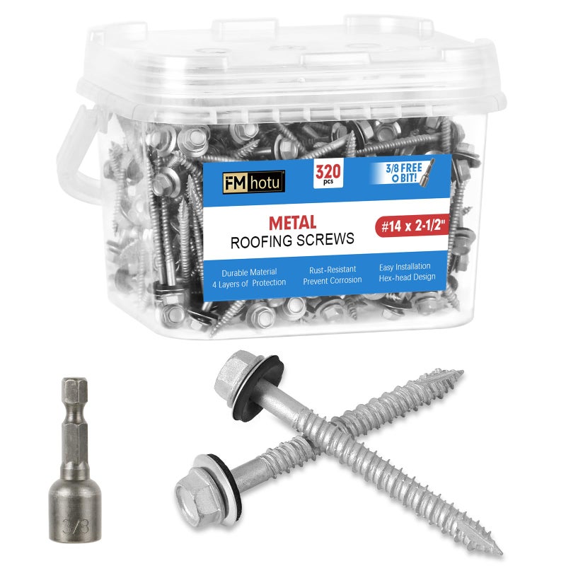 FMhotu Metal Roofing Screws #14Ã—2-1/2Inch, 320-PCS, Hex Head Rustpert Coating Sheet Metal to Wood Siding Screw with EPDM Rubber Washer, Sharp Point, Hex Socket Included - Image 1