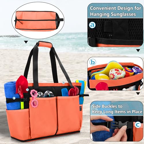 Fasrom Extra Large Mesh Beach Bag with Zipper Bottom, Oversized Tote Bag for Pool, Travel and Boating (Empty Bag Only, Patent Design), Orange - Image 4