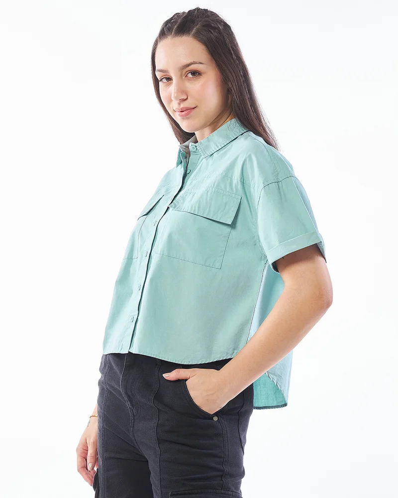 bewakoof Women's Pale Sky Blue Oversized Crop Shirt