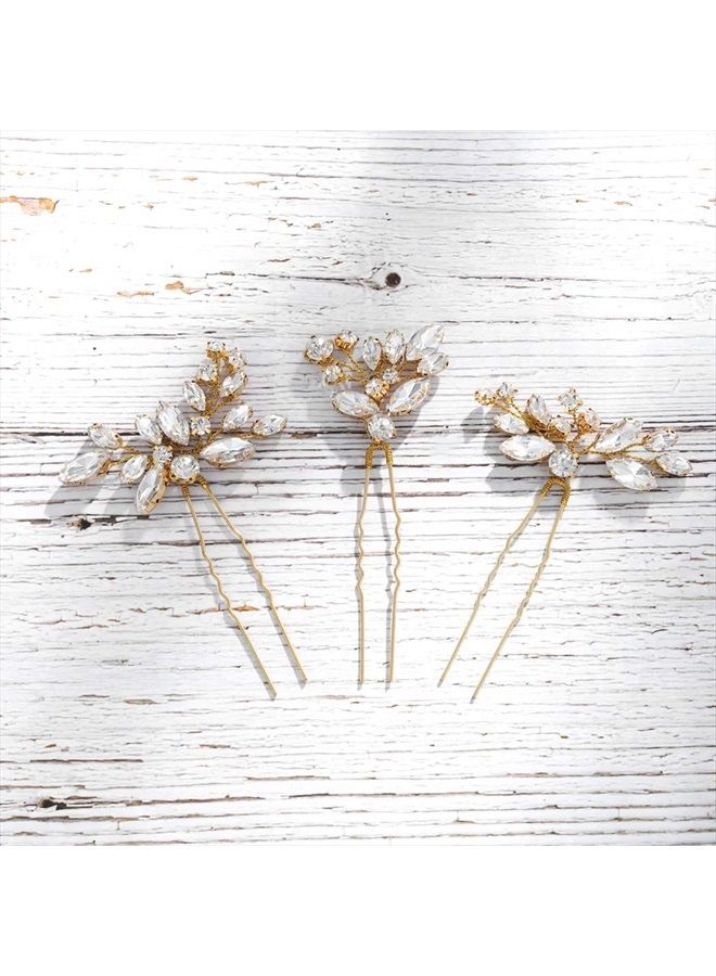 Unicra Bride Wedding Crystal Hair Pins Flower Bridal Hair Pieces Wedding Hair Accessories for Women and Girls Pack of 3 (Gold) - Image 3