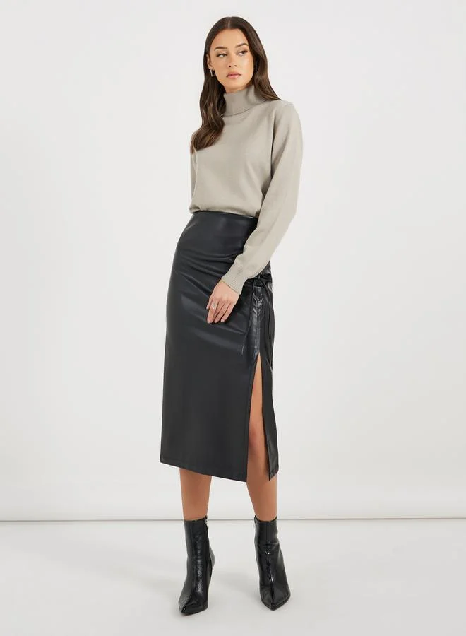 Styli Knee Length High Slit Bow String Design Bodycon Skirt
