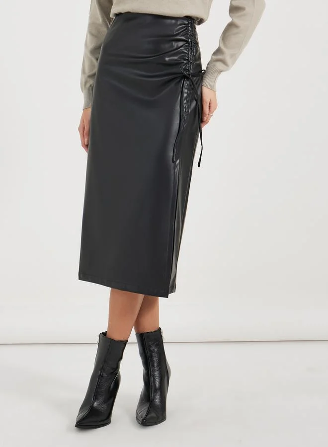 Styli Knee Length High Slit Bow String Design Bodycon Skirt