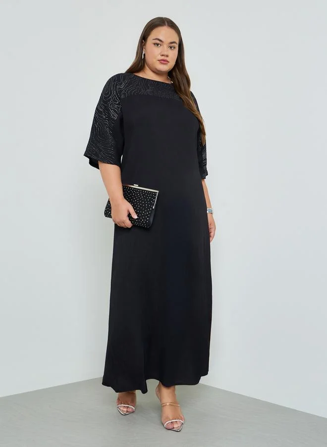 Amirah  Plus Size Glittered Yoke Short Sleeve Jalabiya for Women | Best Price UAE