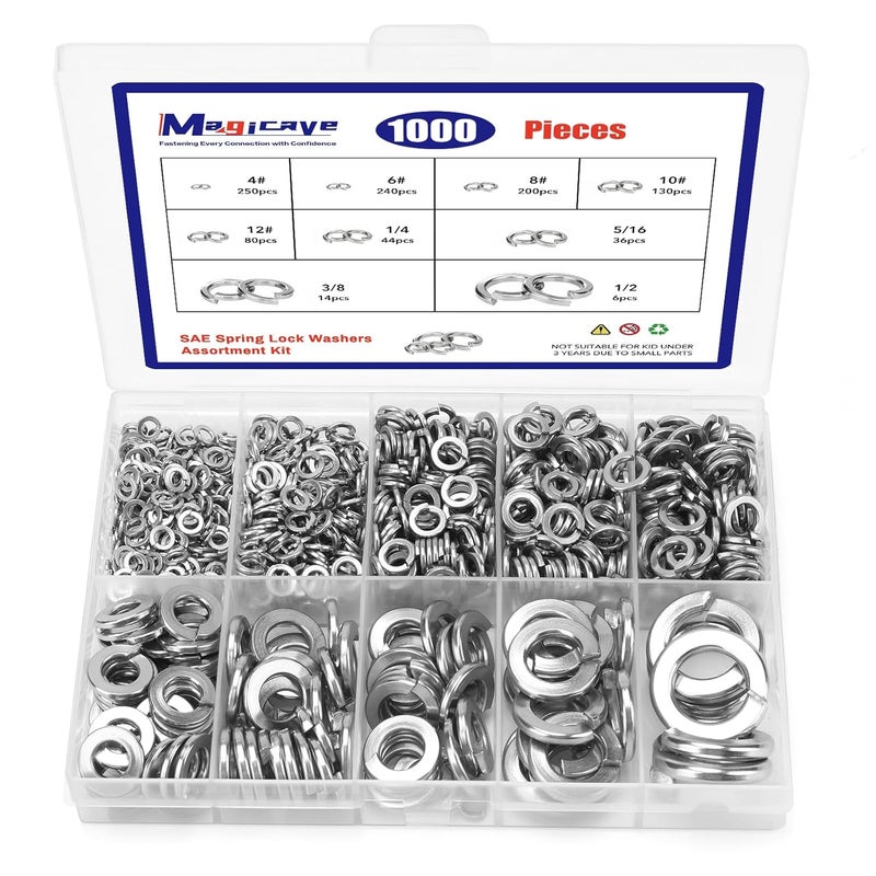 Magicave Store 1000 Pcs Spring Lock Washers Assortment Kit – 9 SAE Sizes Split Lock Washers, 304 Stainless Steel Washers for Screws and Bolts (#4, #6, #8, #10, #12, 1/4", 5/16", 3/8", 1/2") - Image 1