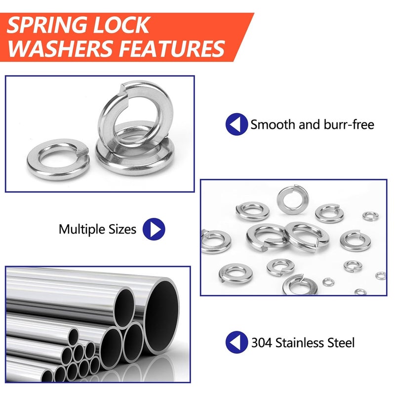 Magicave Store 1000 Pcs Spring Lock Washers Assortment Kit – 9 SAE Sizes Split Lock Washers, 304 Stainless Steel Washers for Screws and Bolts (#4, #6, #8, #10, #12, 1/4", 5/16", 3/8", 1/2") - Image 4