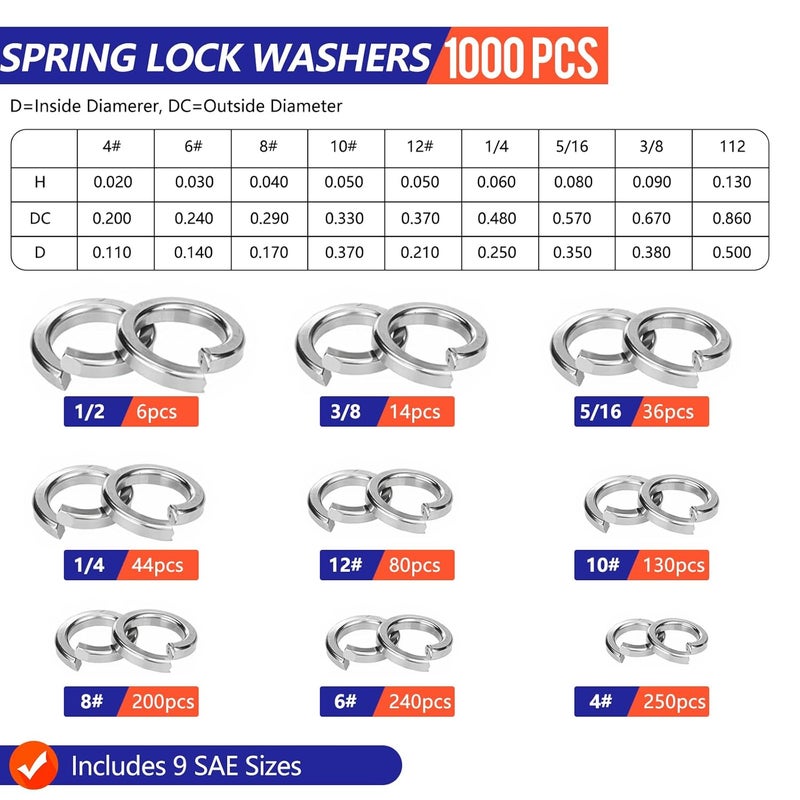 Magicave Store 1000 Pcs Spring Lock Washers Assortment Kit – 9 SAE Sizes Split Lock Washers, 304 Stainless Steel Washers for Screws and Bolts (#4, #6, #8, #10, #12, 1/4", 5/16", 3/8", 1/2") - Image 2