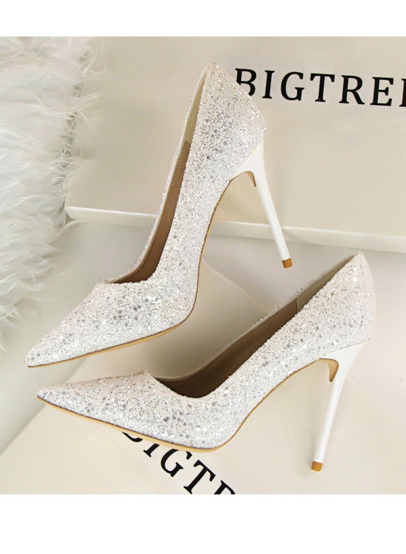 BIGTREE 10CM European-Style Women's Shallow Mouth Pointy Glitter Slim Heels White - Image 1