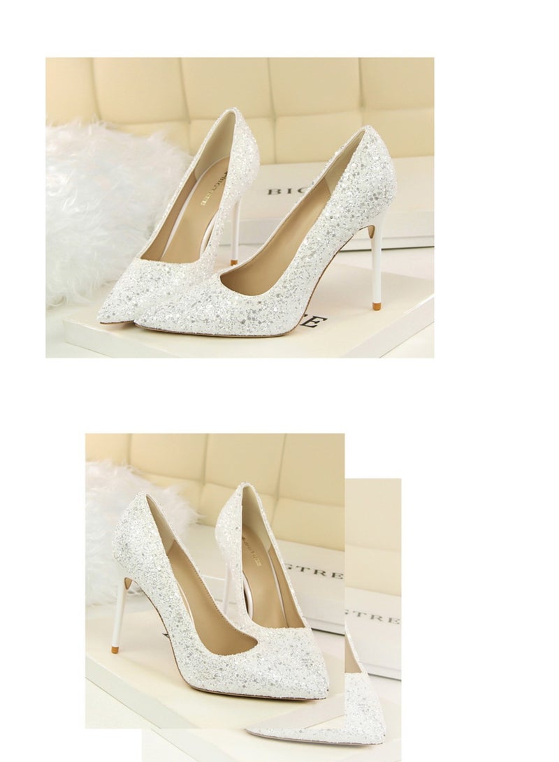 BIGTREE 10CM European-Style Women's Shallow Mouth Pointy Glitter Slim Heels White - Image 2