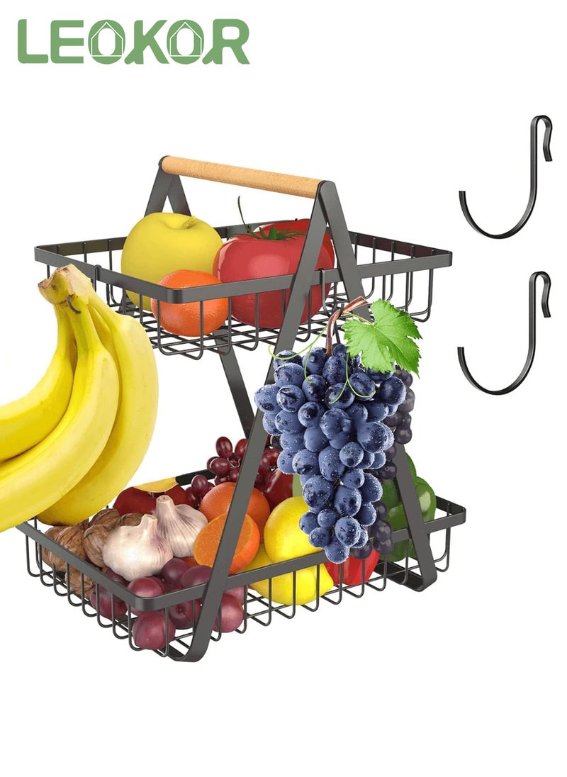 LEOKOR - 2 Tier Countertop Fruit Basket, Portable Fruit Basker With Banana Hanger, Fruits Vegetable Bread Snacks Storage Double-Layer, Detachable Metal Rectangle Basket Black - Image 1