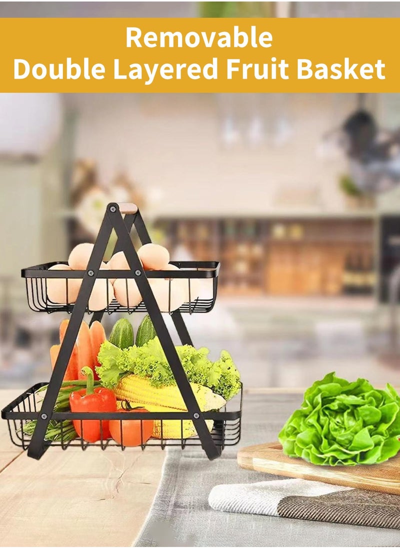 LEOKOR - 2 Tier Countertop Fruit Basket, Portable Fruit Basker With Banana Hanger, Fruits Vegetable Bread Snacks Storage Double-Layer, Detachable Metal Rectangle Basket Black - Image 1