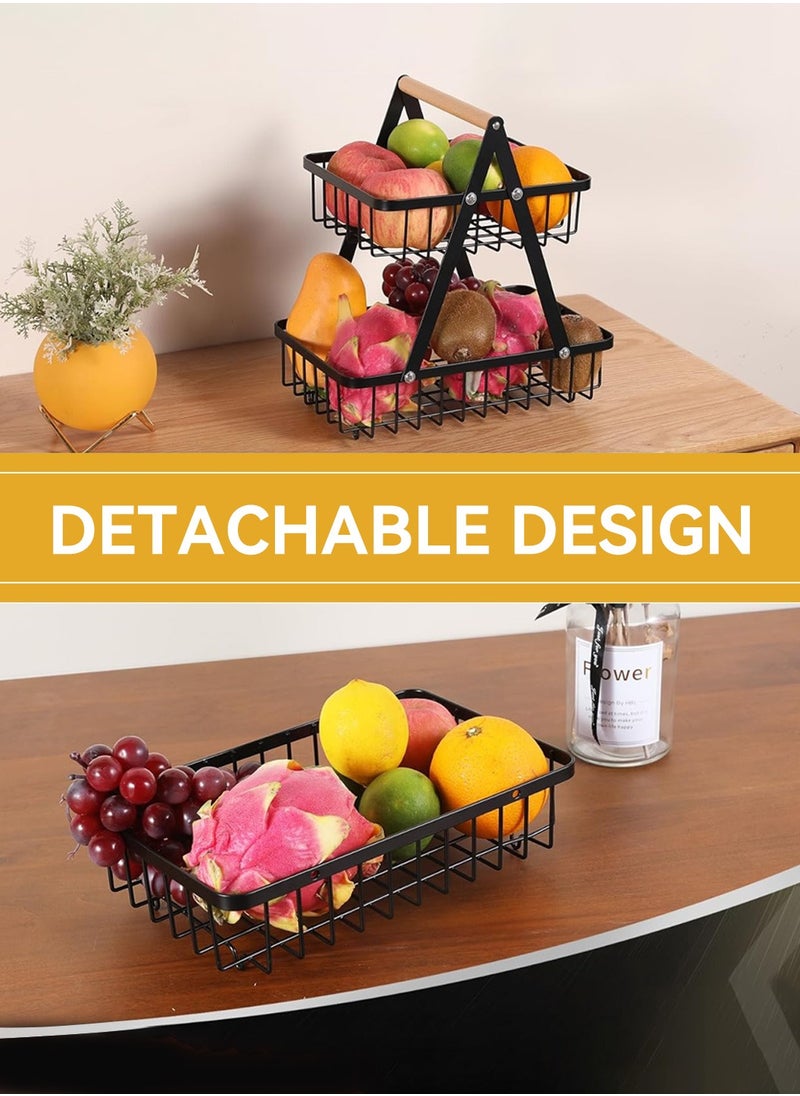 LEOKOR - 2 Tier Countertop Fruit Basket, Portable Fruit Basker With Banana Hanger, Fruits Vegetable Bread Snacks Storage Double-Layer, Detachable Metal Rectangle Basket Black - Image 1