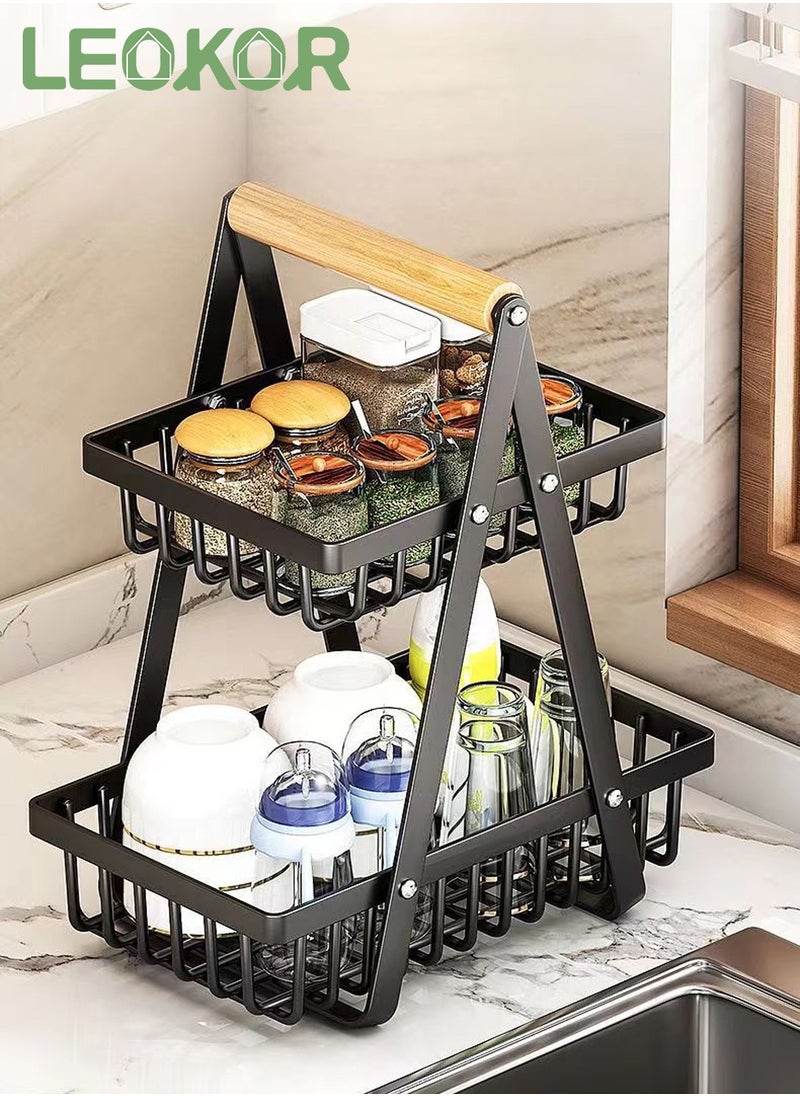 LEOKOR - 2 Tier Countertop Fruit Basket, Portable Fruit Basker With Banana Hanger, Fruits Vegetable Bread Snacks Storage Double-Layer, Detachable Metal Rectangle Basket Black - Image 1