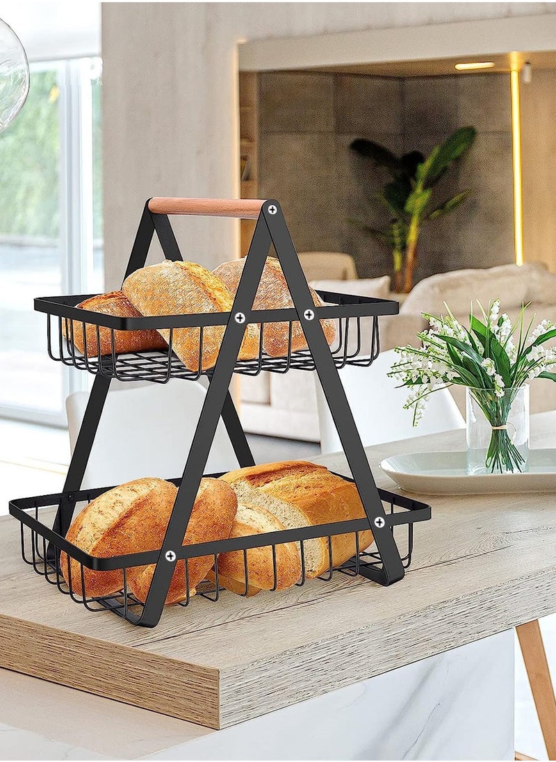 LEOKOR - 2 Tier Countertop Fruit Basket, Portable Fruit Basker With Banana Hanger, Fruits Vegetable Bread Snacks Storage Double-Layer, Detachable Metal Rectangle Basket Black - Image 1