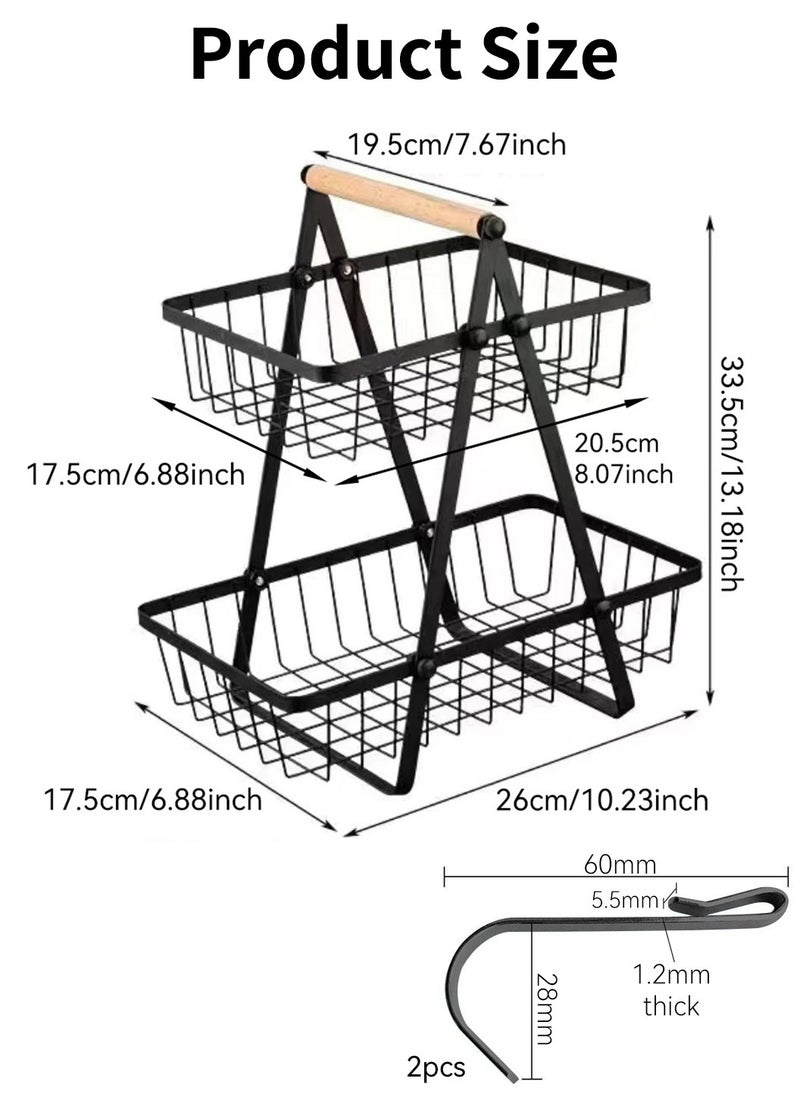 LEOKOR - 2 Tier Countertop Fruit Basket, Portable Fruit Basker With Banana Hanger, Fruits Vegetable Bread Snacks Storage Double-Layer, Detachable Metal Rectangle Basket Black - Image 1