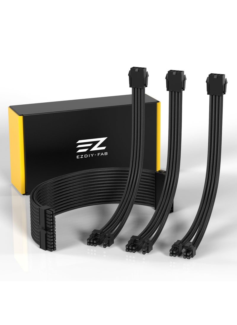 EZDIY-FAB EZDIY-FAB PSU Cable Extension Sleeved Custom Mod GPU PC Power Supply Soft Nylon Braided with Comb Kit 24PIN/8PIN to 6+2Pin/ 8PIN to 4+4PIN-30CM 300MM - Black  - Image 1
