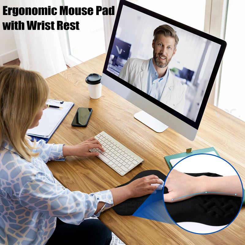 QDOAOF-Ergonomic Mouse Pad Wrist Support with Massage Design, Relieve Wrist Pain Mousepad, Wrist Rest Pain Relief Mousepad with Memory Foam&Non-Slip PU Base, Carpal Tunnel Syndrome (Black) - Image 2
