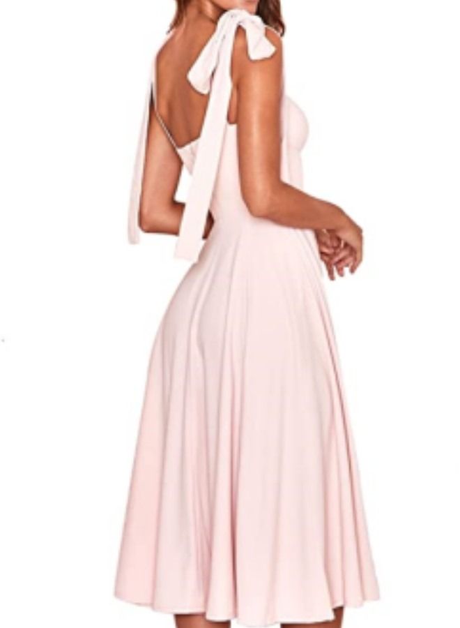 فستان نسائي متوسط الطول بفتحة رقبة على شكل V وبدون أكمام وظهر مكشوف - Image 3