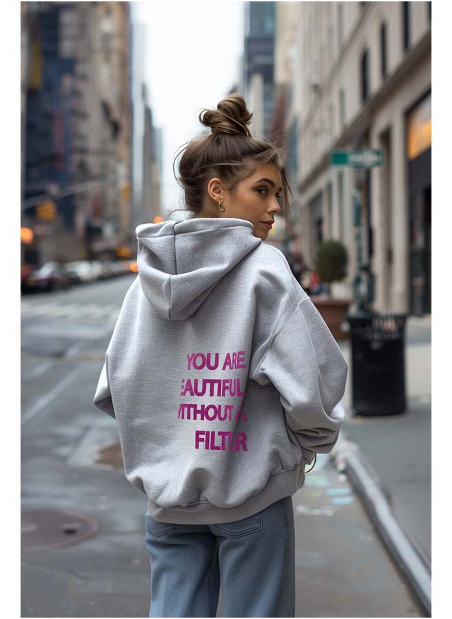 trendyol Gray Melange Thick Inside Fleece Back Printed Oversize/Wide Fit Knitted Sweatshirt TWOAW23SW00904  - Image 1