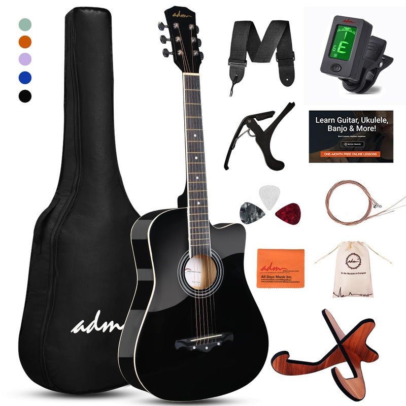 ADM 38" Inch Acoustic Guitar Bundle for Beginners Adults with Online Lesson, Cutaway Wood Acustica Guitarra Starter Set Package with Gig Bag, Strap, Steel Strings, Picks, Capos, Stand, Black 1 - Image 1