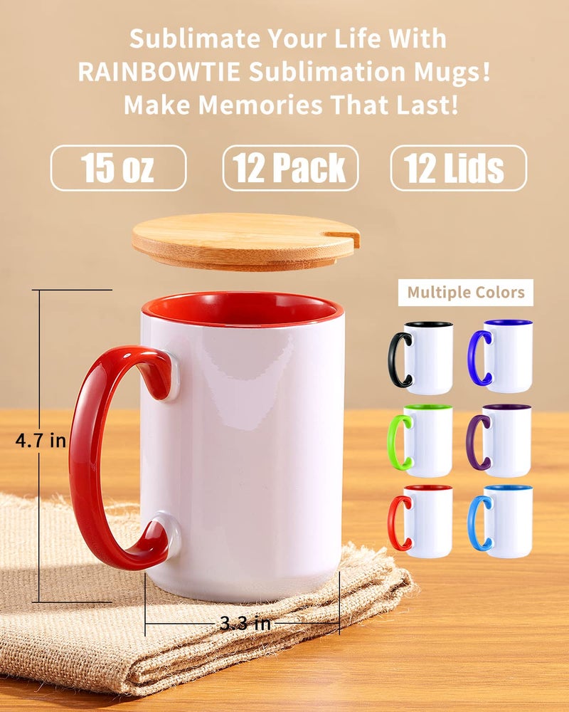 RAINBOWTIE Sublimation Mugs Set of 12, 15 oz Sublimation Coffee Mugs with Bamboo Lid, Tazas Para Sublimar, Mug Sets, Coffee Cup with Lid,6 Assorted Colors - Image 2