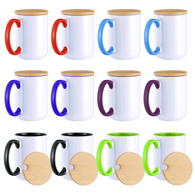 RAINBOWTIE Sublimation Mugs Set of 12, 15 oz Sublimation Coffee Mugs with Bamboo Lid, Tazas Para Sublimar, Mug Sets, Coffee Cup with Lid,6 Assorted Colors - Image 1