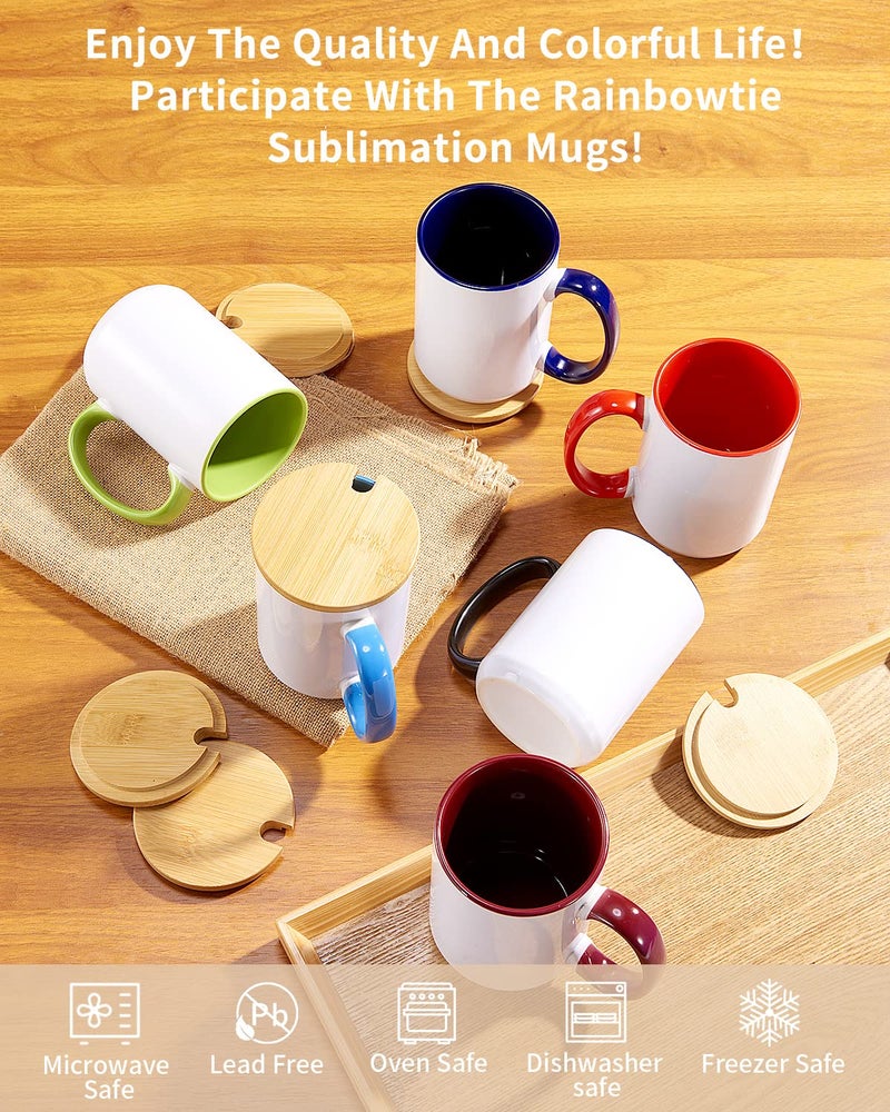 RAINBOWTIE Sublimation Mugs Set of 12, 15 oz Sublimation Coffee Mugs with Bamboo Lid, Tazas Para Sublimar, Mug Sets, Coffee Cup with Lid,6 Assorted Colors - Image 3