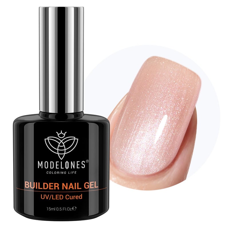 modelones Builder Nail Gel, 8-in-One Gold Shimmer Builder, Champagne Sparkle Glitter Rubber Color Base Gel Polish LED Lamp Cured, Apex Building Strengthener Extension for Home DIY Salon Girls - Image 1